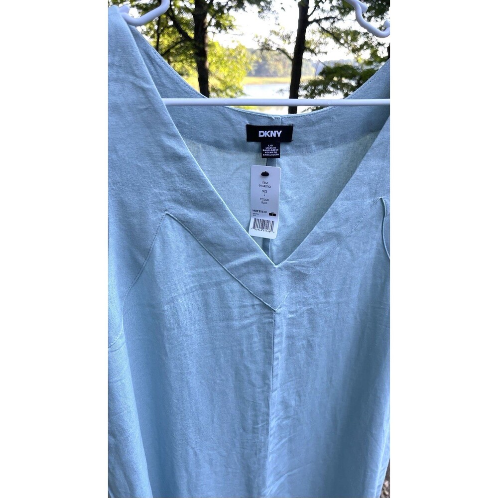 DKNY Light Blue Linen Blend Dress Relaxed Lagenlook Coastal Shift Lady Large NWT